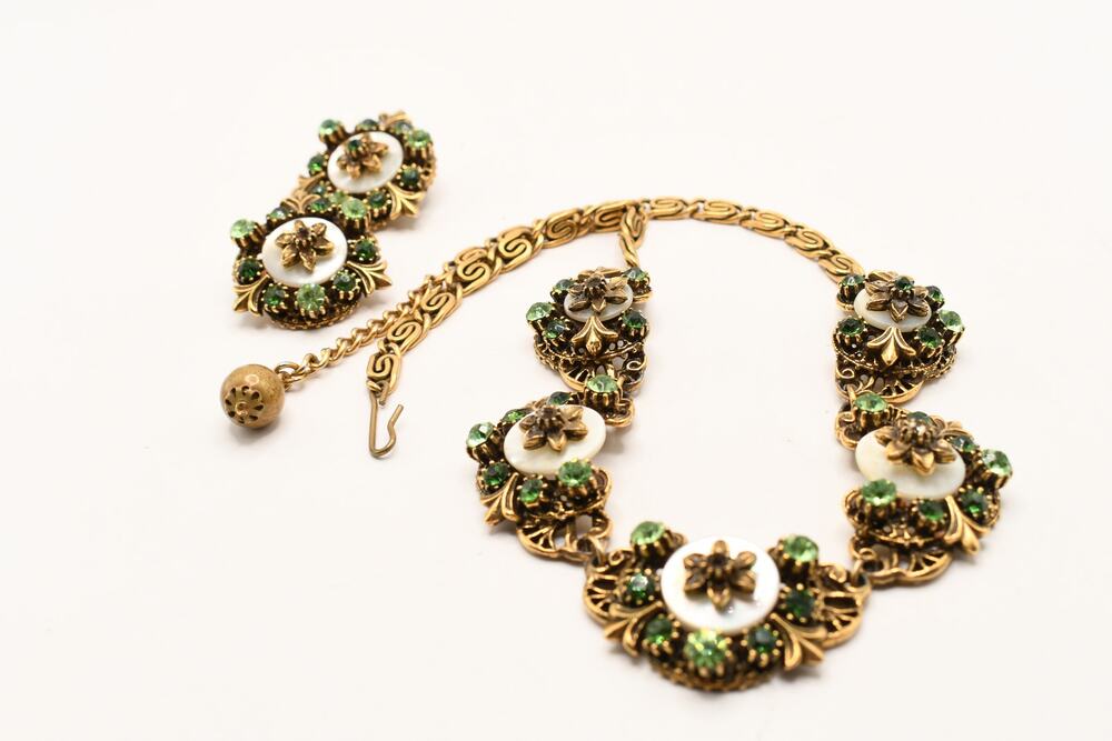 Vintage Uranium Glass Green Rhinestone Necklace Clip Earrings Set 1950s